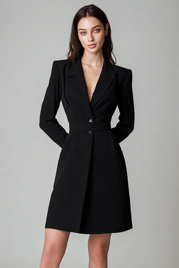 A Line V-Neck Black Long Sleeve Midi Work Dress